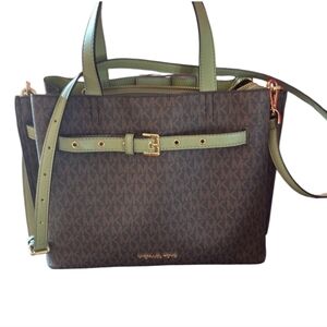 Michael Kors Emilia Signature Brown And Light Sage Satchel